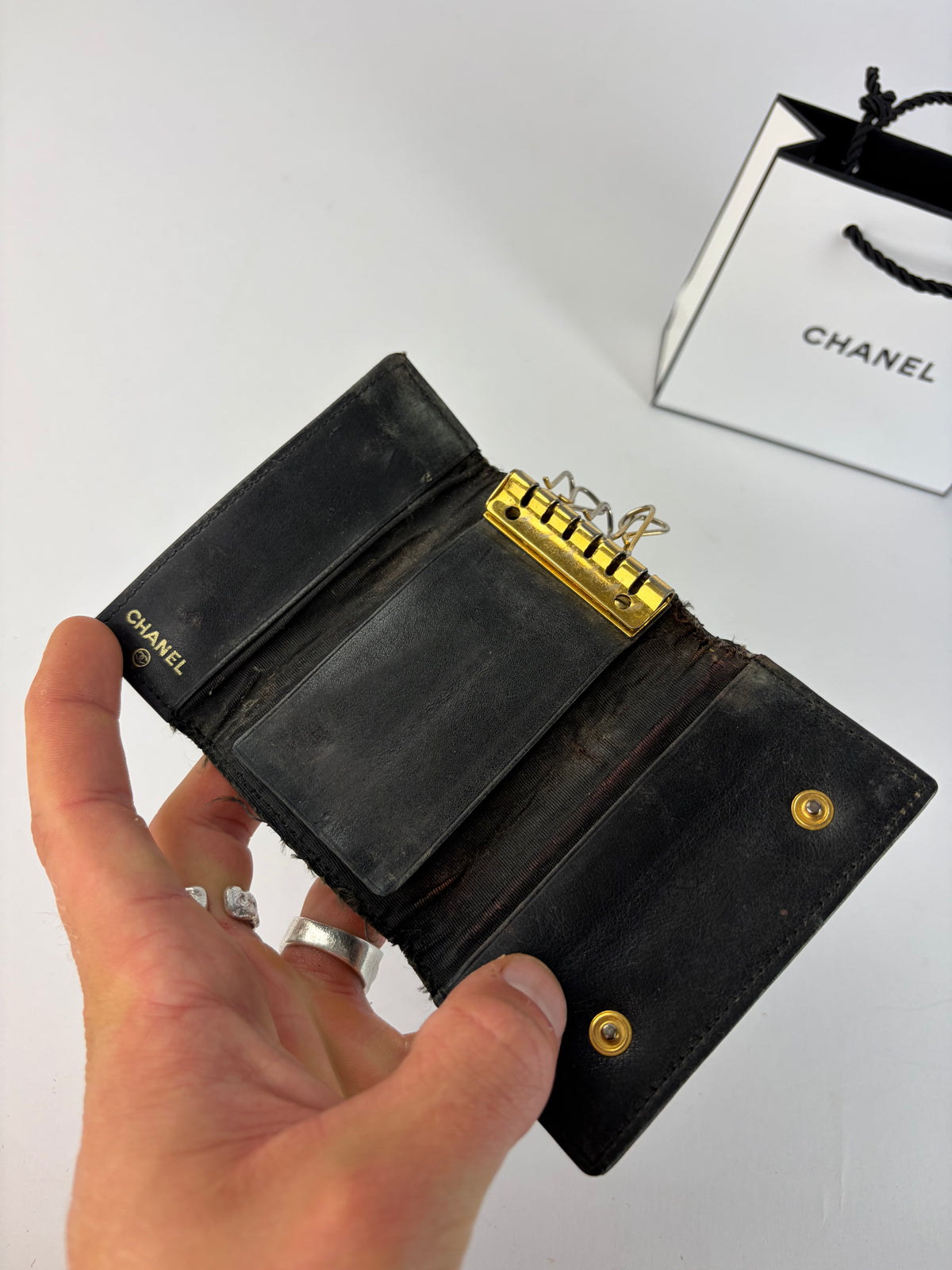 Vintage Chanel Textured Leather Card Holder Late 1990s Black Gold
