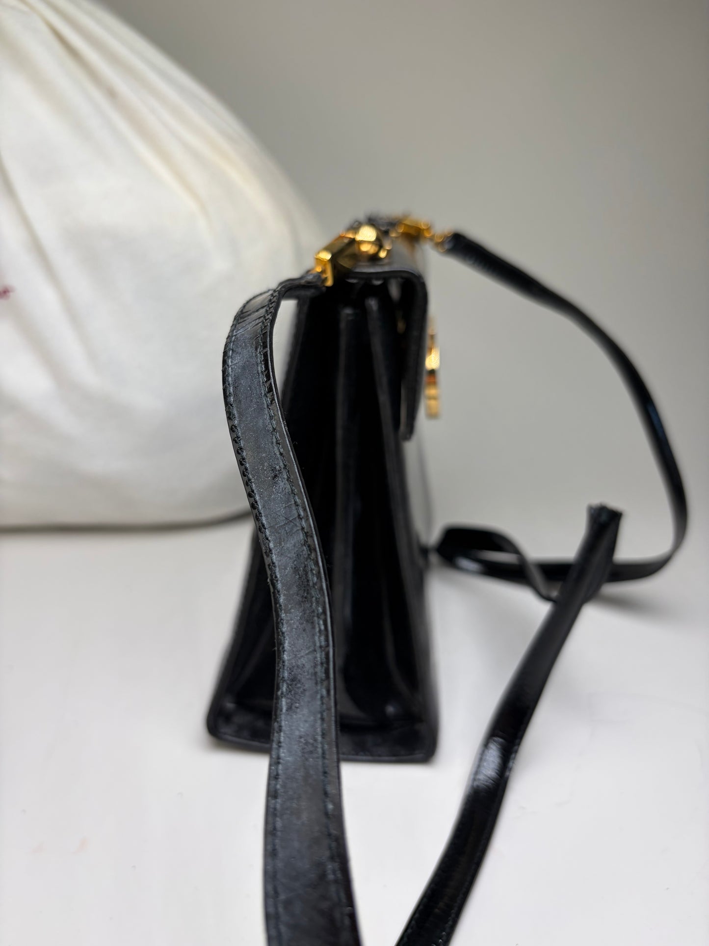 Vintage Ferragamo Patent Leather Flap Crossbody Bag Black Gold
