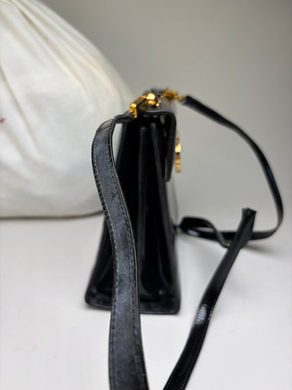 Vintage Ferragamo Patent Leather Flap Crossbody Bag Black Gold