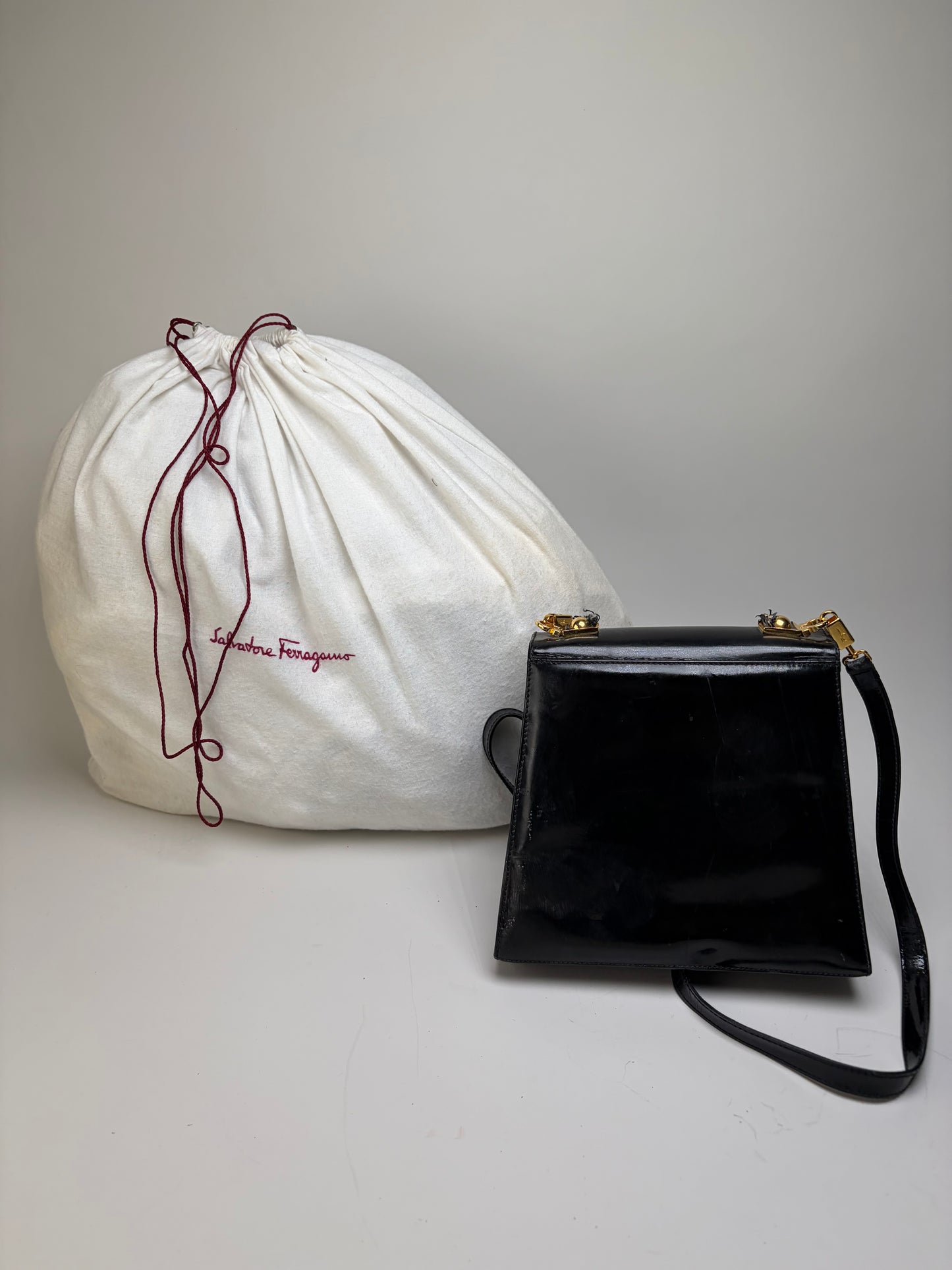 Vintage Ferragamo Patent Leather Flap Crossbody Bag Black Gold