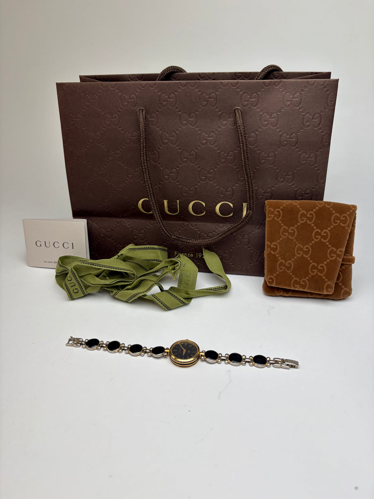 Vintage Gucci Bracelet Watch Gold Black c. Late 1980s