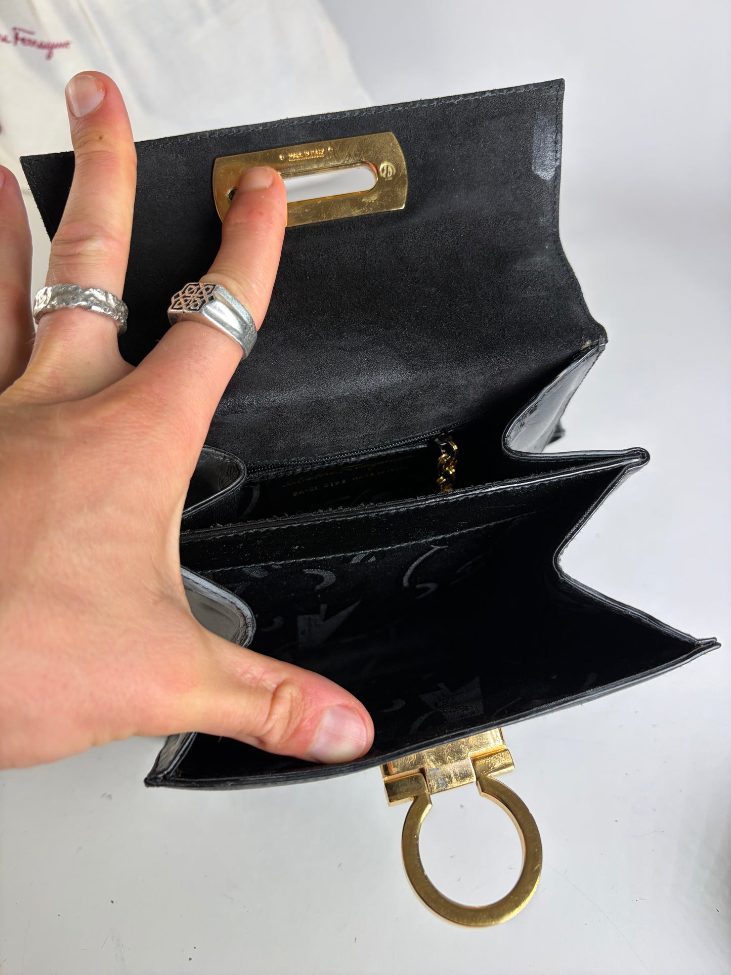 Vintage Ferragamo Patent Leather Flap Crossbody Bag Black Gold