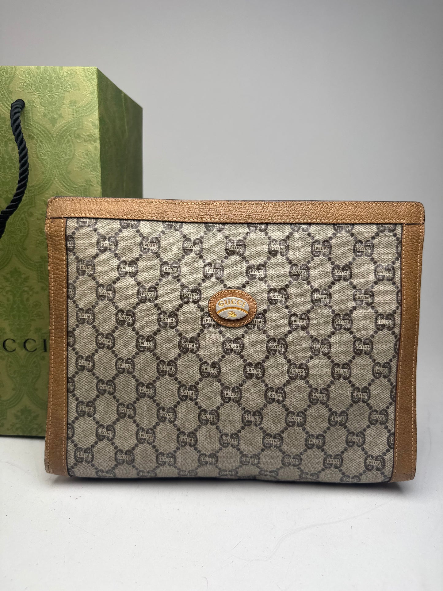 Vintage Gucci Plus Monogram Clutch Grey Brown