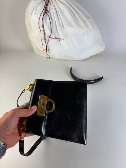 Vintage Ferragamo Patent Leather Flap Crossbody Bag Black Gold