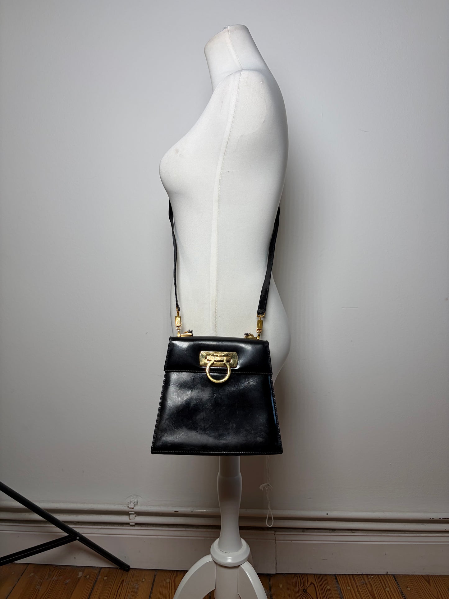 Vintage Ferragamo Patent Leather Flap Crossbody Bag Black Gold