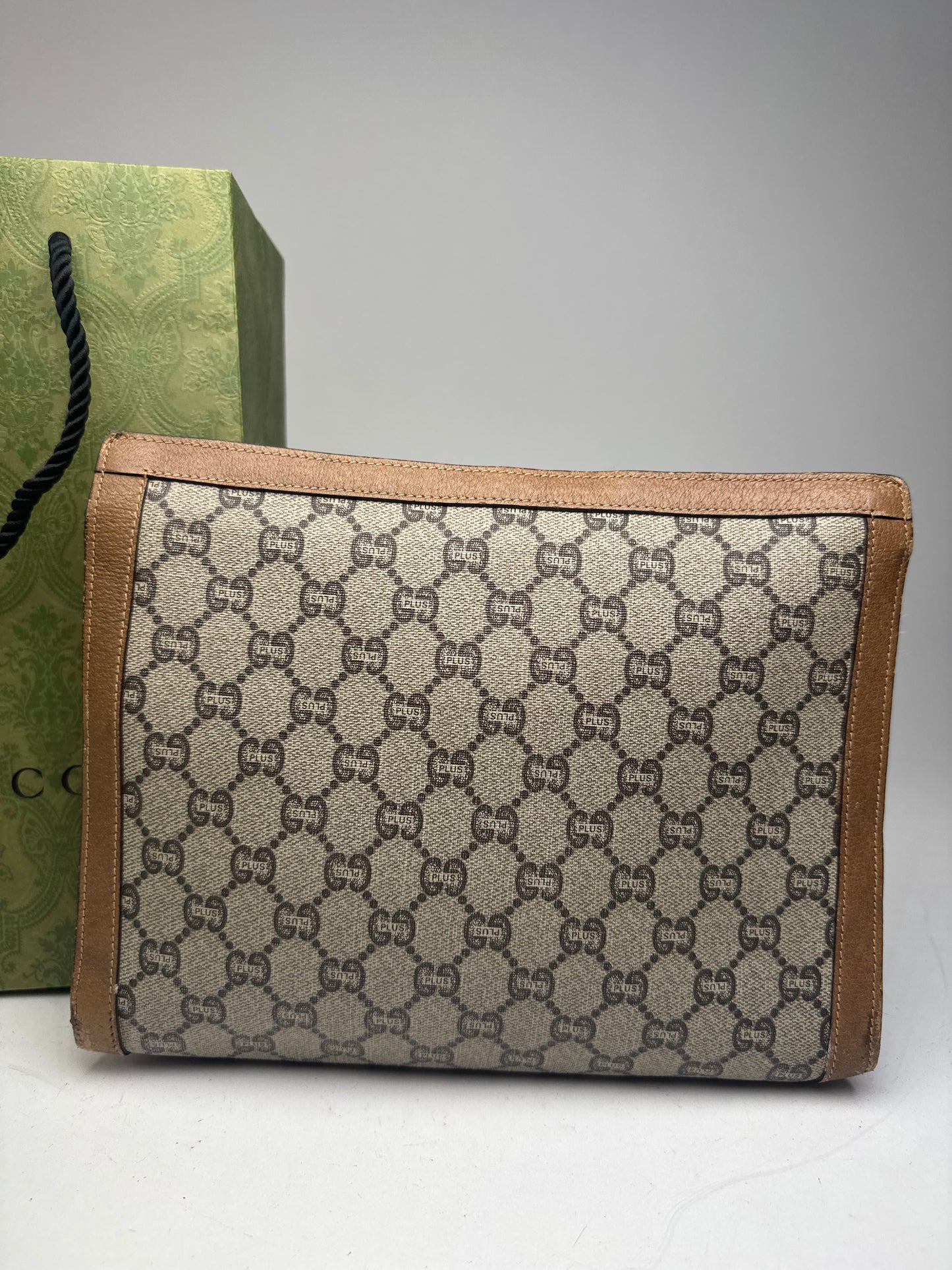 Vintage Gucci Plus Monogram Clutch Grey Brown
