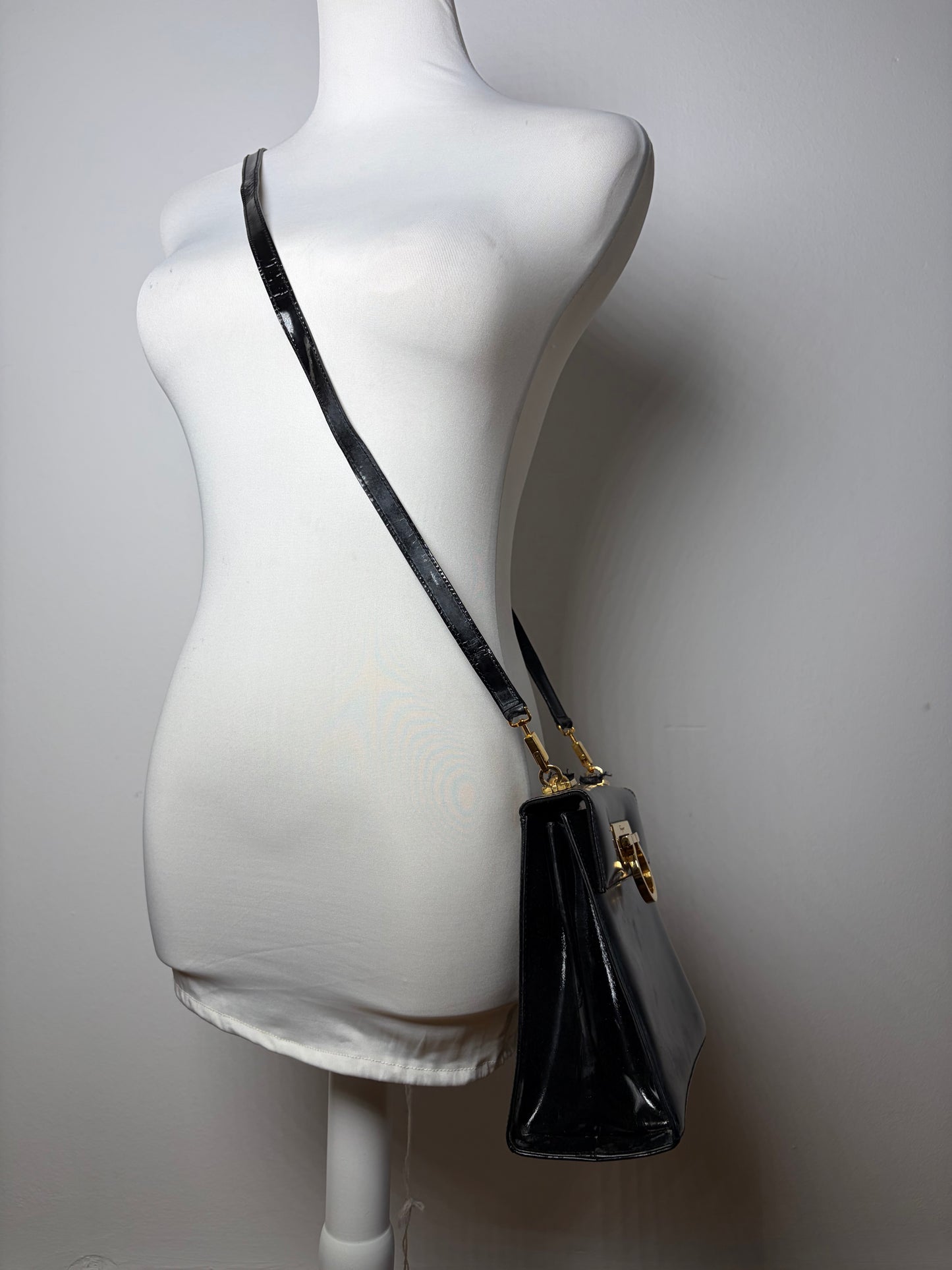 Vintage Ferragamo Patent Leather Flap Crossbody Bag Black Gold