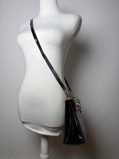 Vintage Ferragamo Patent Leather Flap Crossbody Bag Black Gold