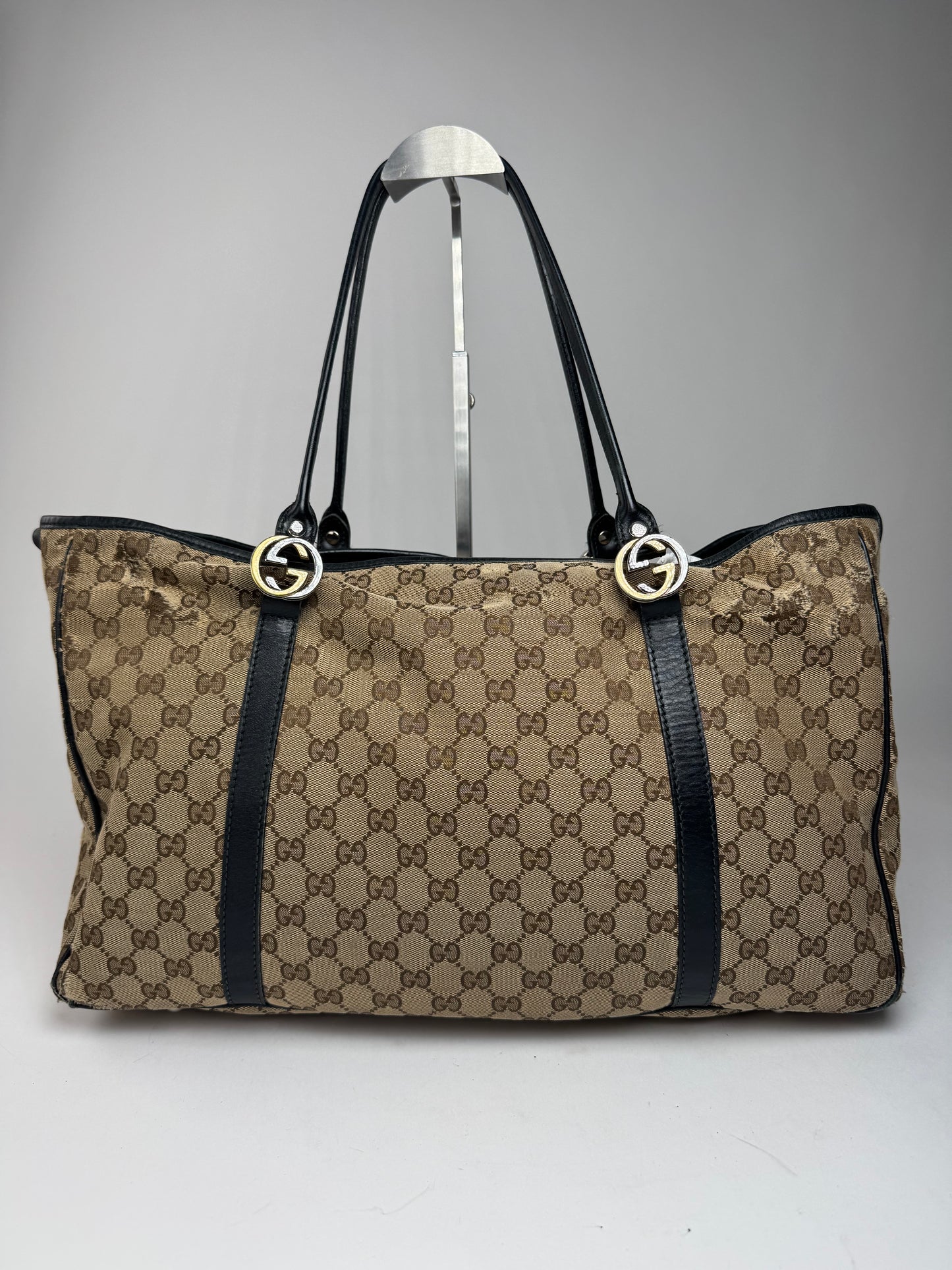 Vintage Gucci Monogram Tote Bag Beige Brown Black