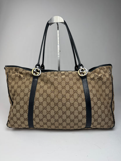 Vintage Gucci Monogram Tote Bag Beige Brown Black