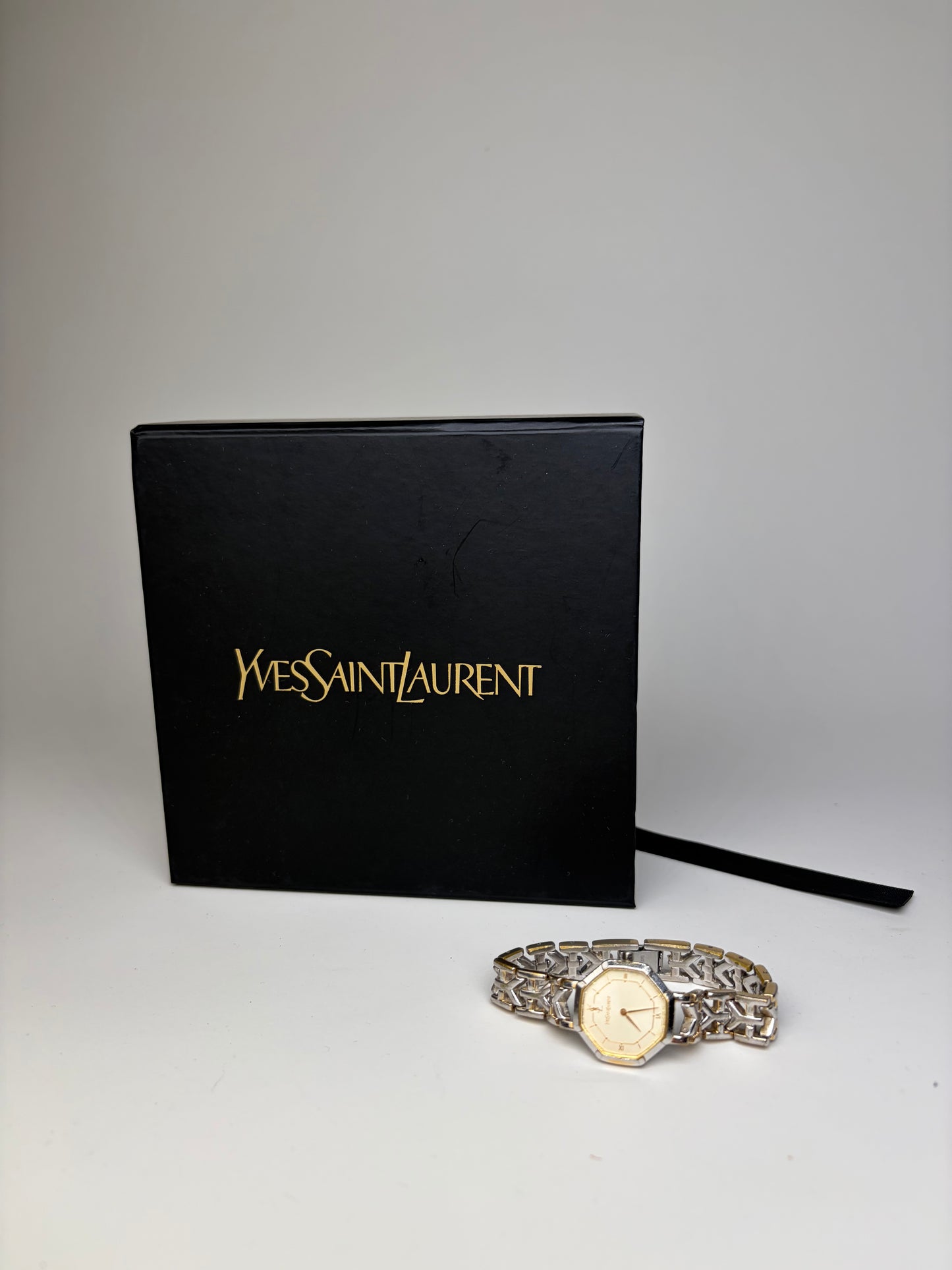 Vintage Yves Saint Laurent Octagonal Bracelet Watch Silver Gold Cream