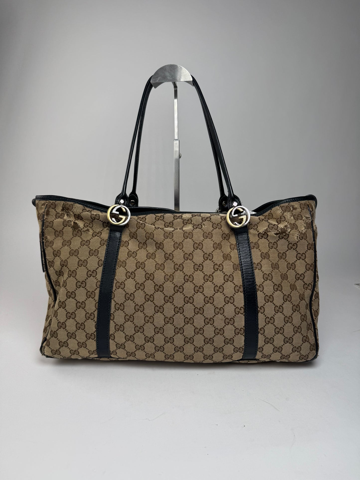Vintage Gucci Monogram Tote Bag Beige Brown Black