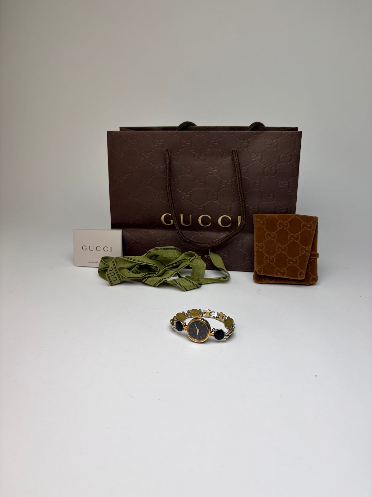 Vintage Gucci Bracelet Watch Gold Black c. Late 1980s