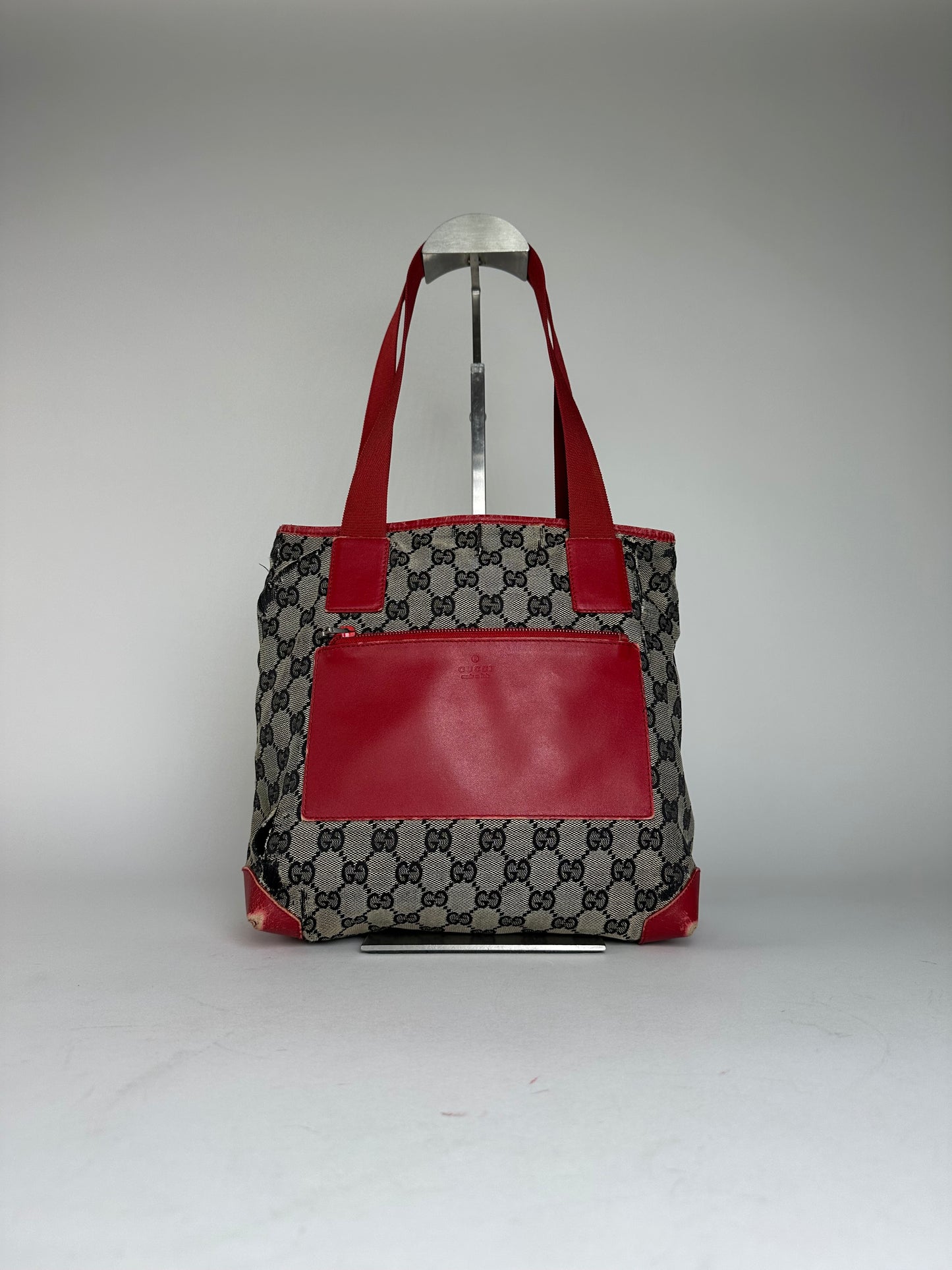 Vintage Gucci Monogram Leather Canvas Handbag Grey Black Red