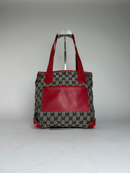 Vintage Gucci Monogram Leather Canvas Handbag Grey Black Red