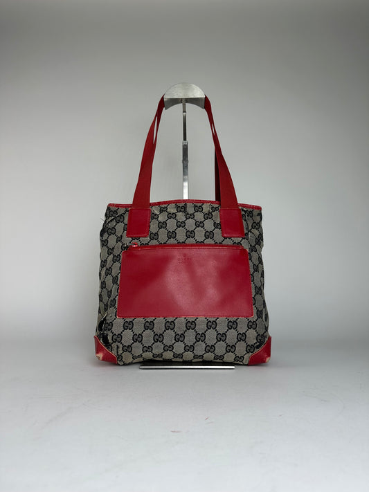 Vintage Gucci Monogram Leather Canvas Handbag Grey Black Red