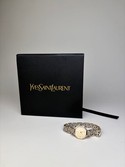 Vintage Yves Saint Laurent Octagonal Bracelet Watch Silver Gold Cream