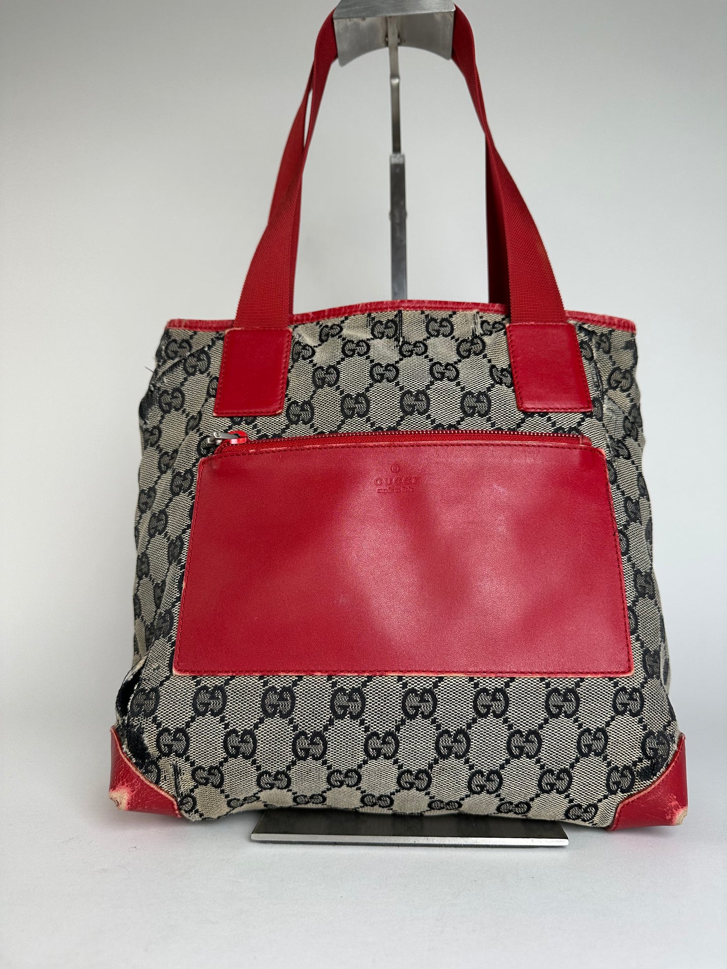 Vintage Gucci Monogram Leather Canvas Handbag Grey Black Red