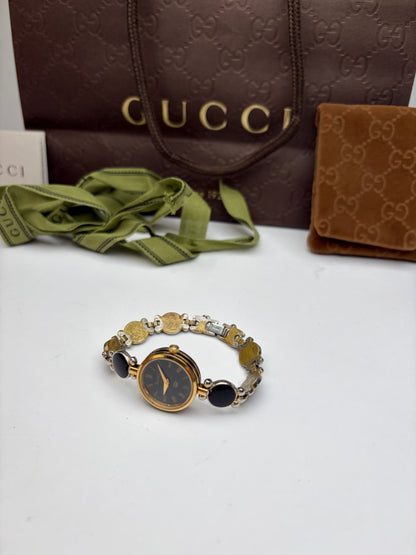 Vintage Gucci Bracelet Watch Gold Black c. Late 1980s