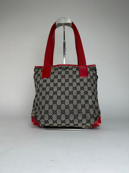 Vintage Gucci Monogram Leather Canvas Handbag Grey Black Red