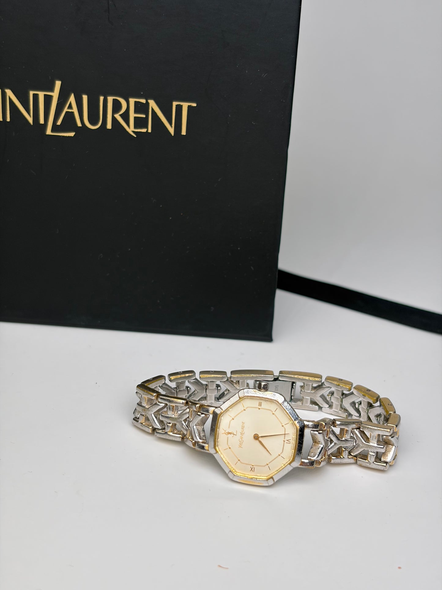 Vintage Yves Saint Laurent Octagonal Bracelet Watch Silver Gold Cream