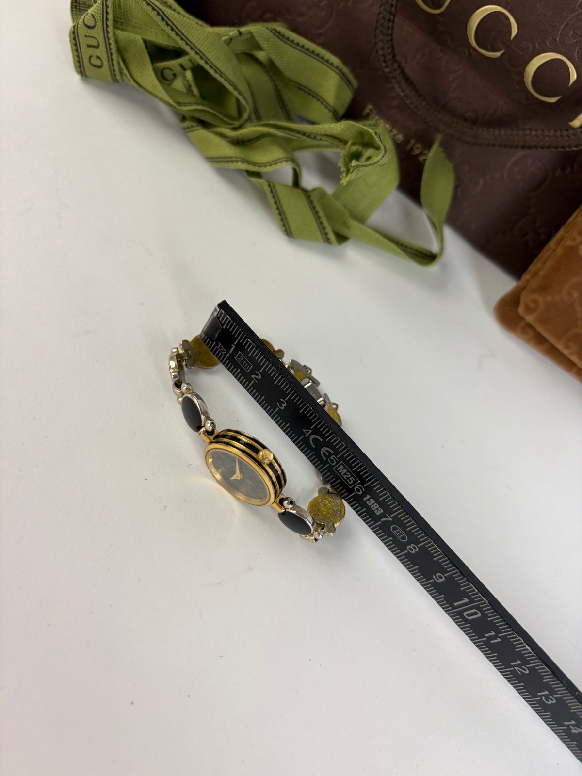 Vintage Gucci Bracelet Watch Gold Black c. Late 1980s