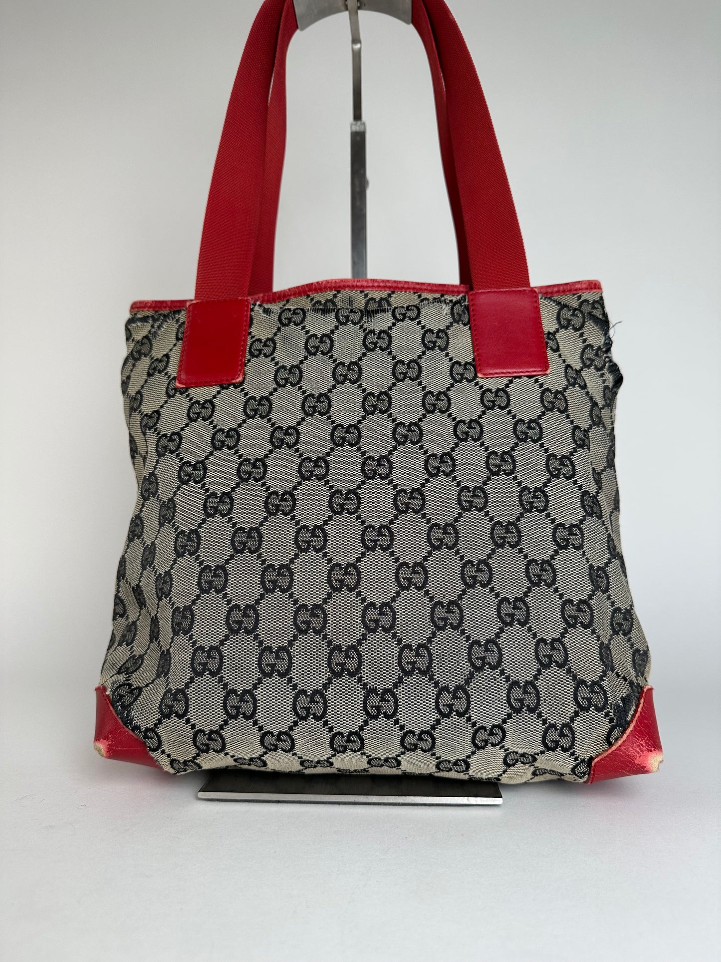 Vintage Gucci Monogram Leather Canvas Handbag Grey Black Red