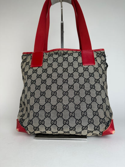 Vintage Gucci Monogram Leather Canvas Handbag Grey Black Red