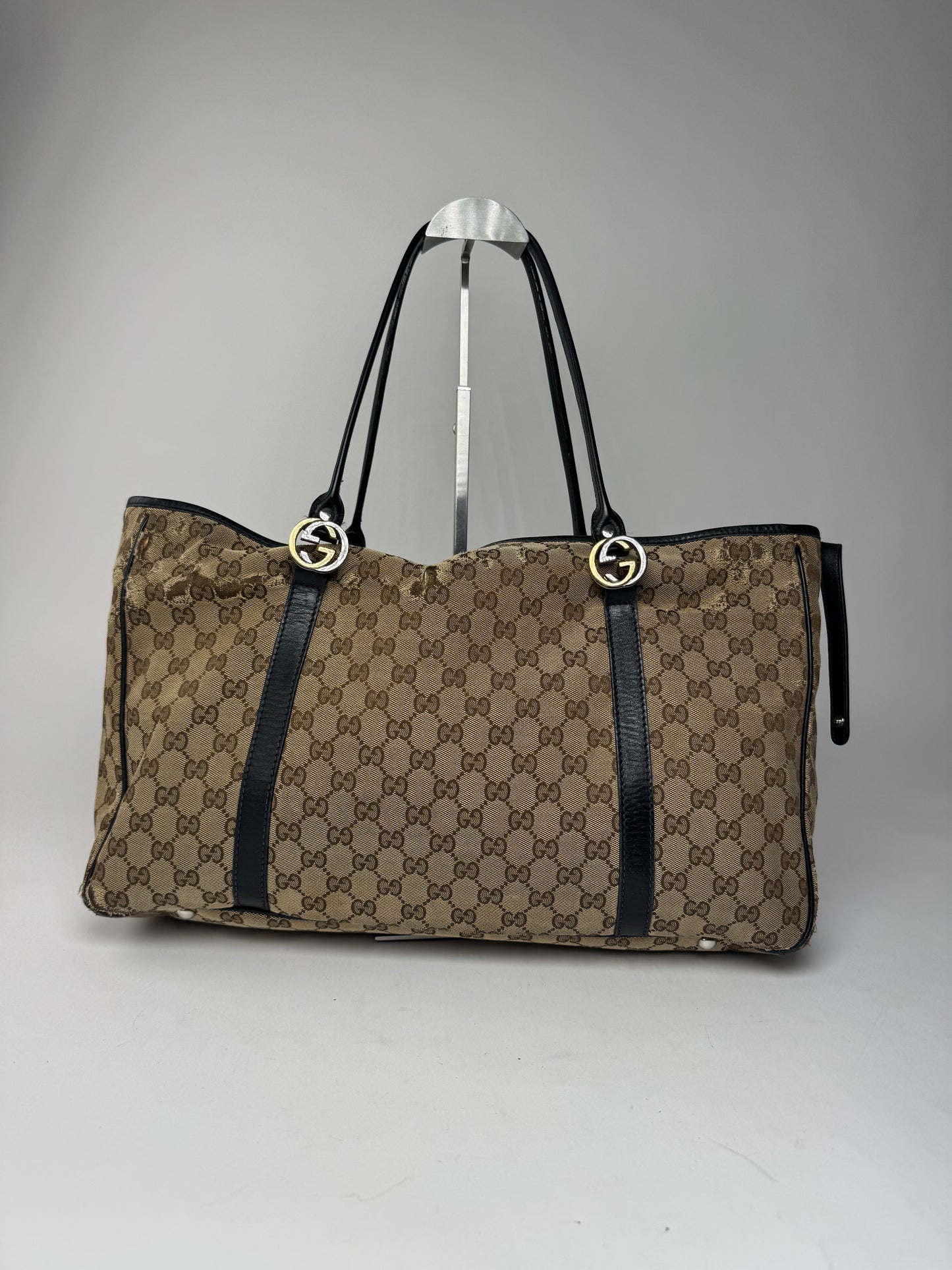 Vintage Gucci Monogram Tote Bag Beige Brown Black