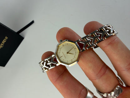 Vintage Yves Saint Laurent Octagonal Bracelet Watch Silver Gold Cream