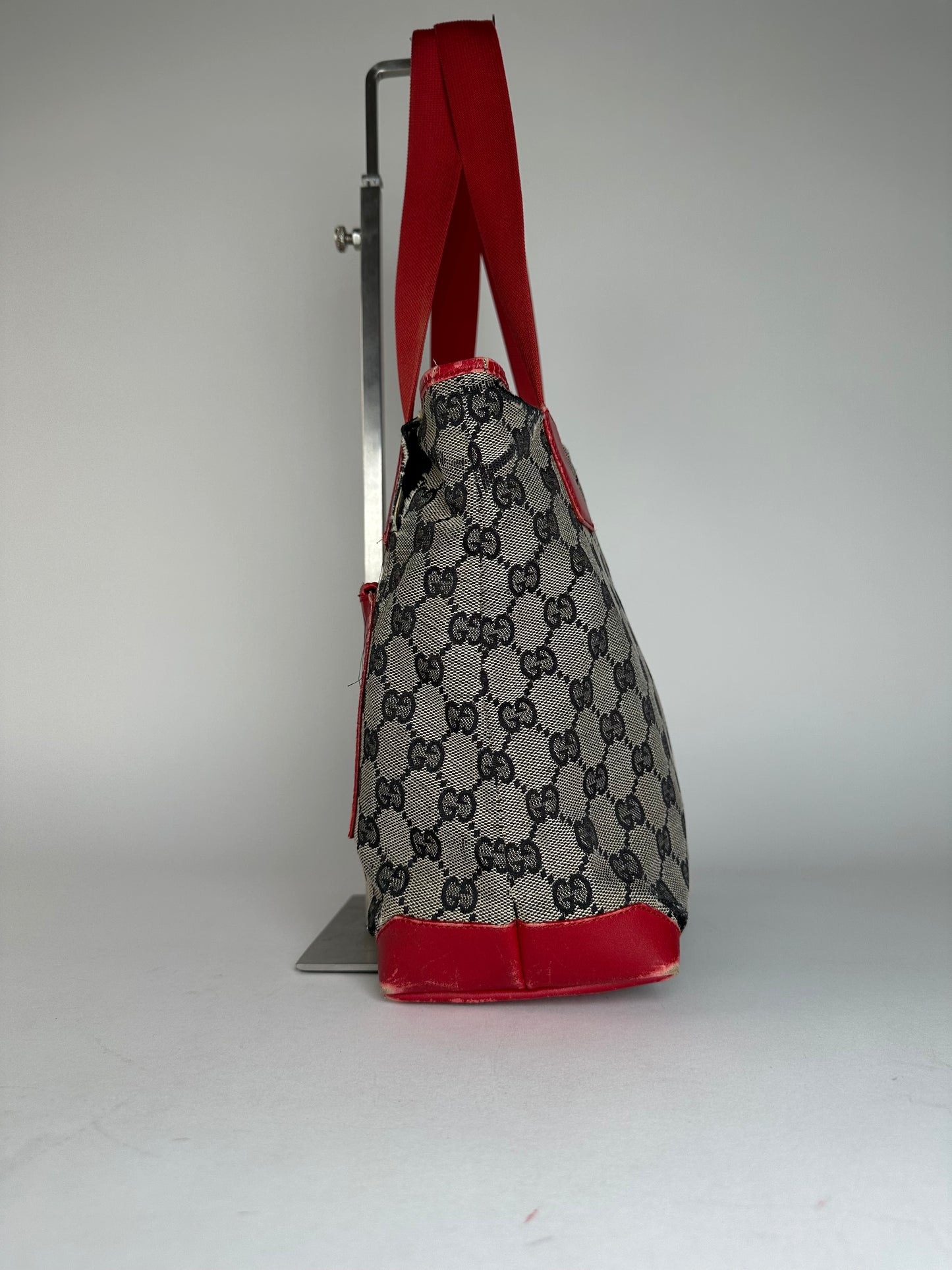 Vintage Gucci Monogram Leather Canvas Handbag Grey Black Red