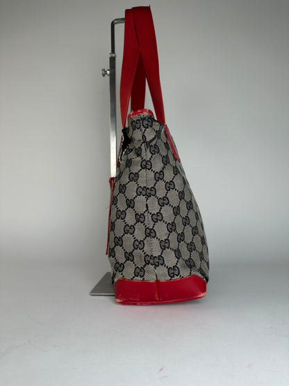 Vintage Gucci Monogram Leather Canvas Handbag Grey Black Red