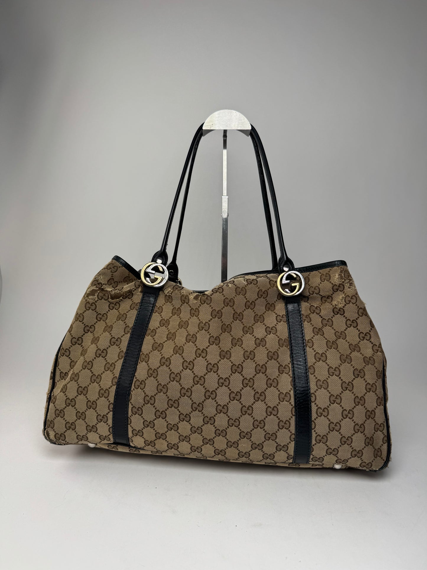Vintage Gucci Monogram Tote Bag Beige Brown Black