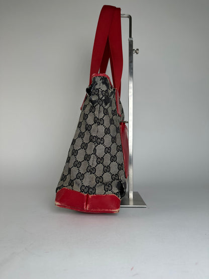 Vintage Gucci Monogram Leather Canvas Handbag Grey Black Red
