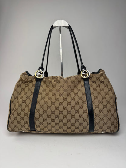 Vintage Gucci Monogram Tote Bag Beige Brown Black