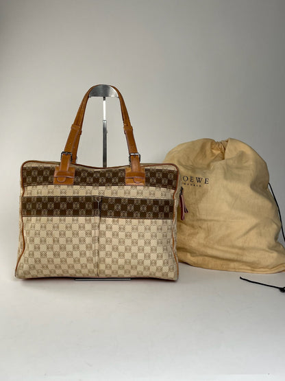 Vintage Loewe Madrid Monogram Weekender Handbag Beige Brown