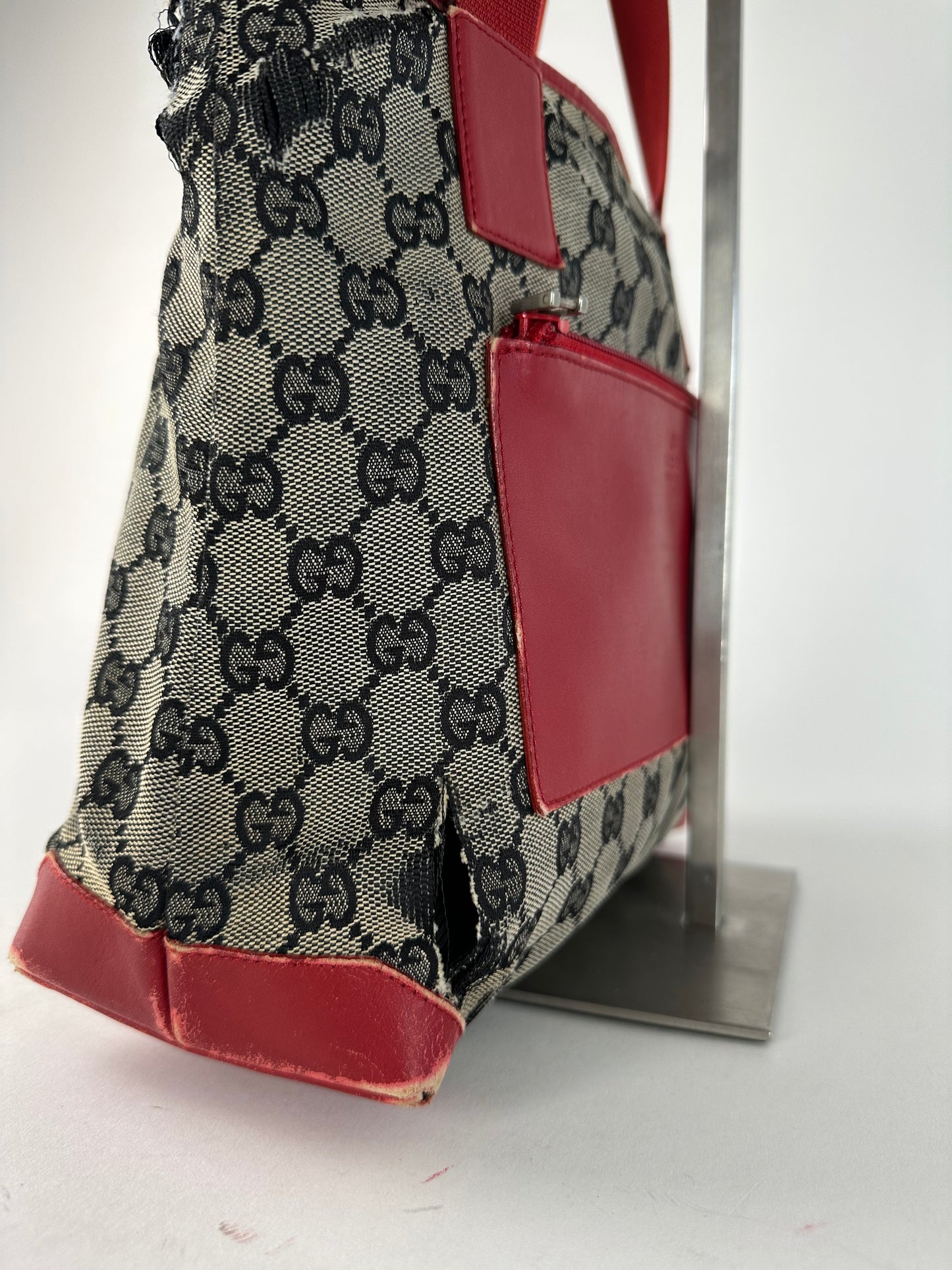 Vintage Gucci Monogram Leather Canvas Handbag Grey Black Red