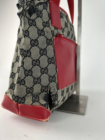 Vintage Gucci Monogram Leather Canvas Handbag Grey Black Red