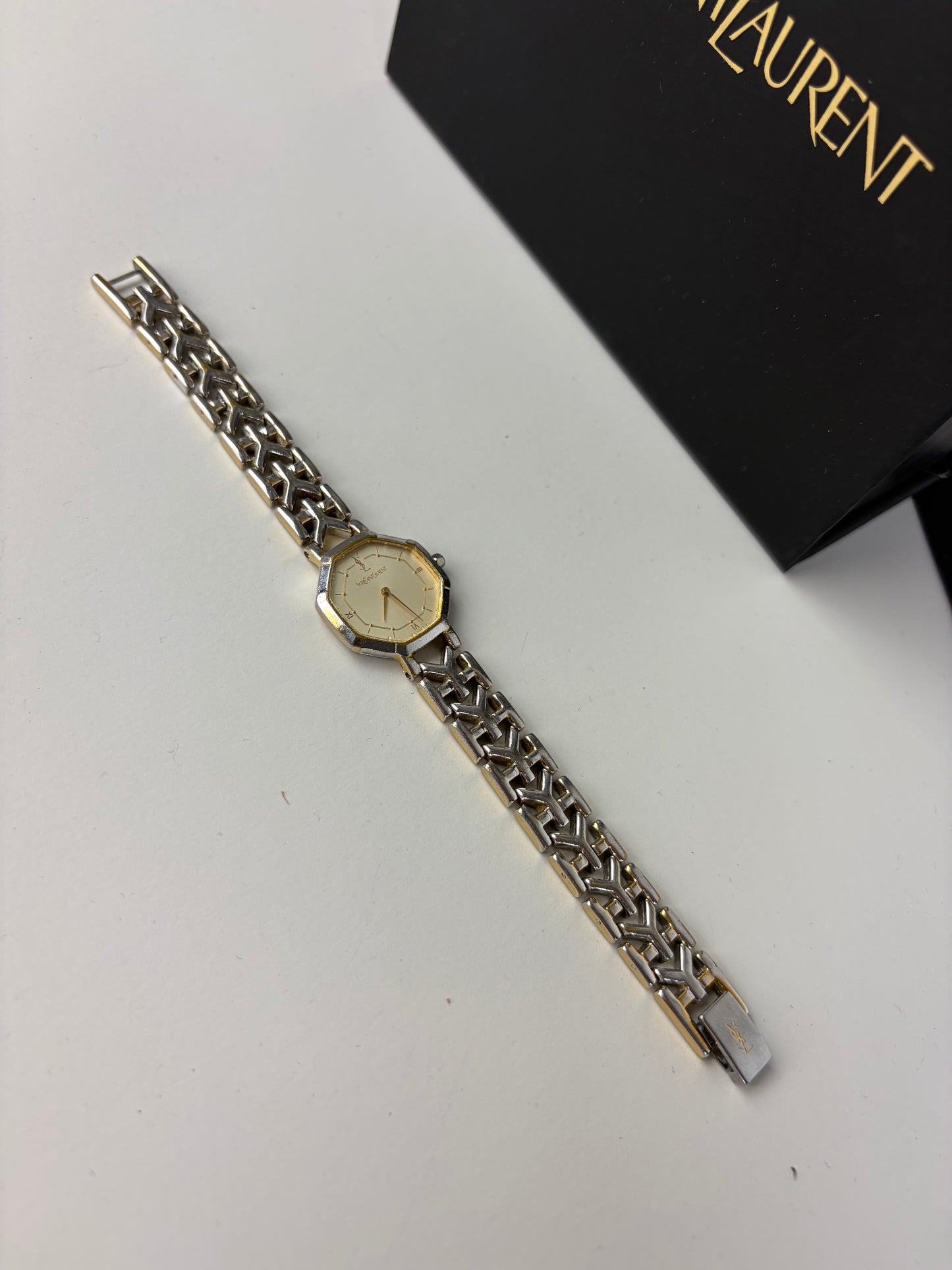 Vintage Yves Saint Laurent Octagonal Bracelet Watch Silver Gold Cream