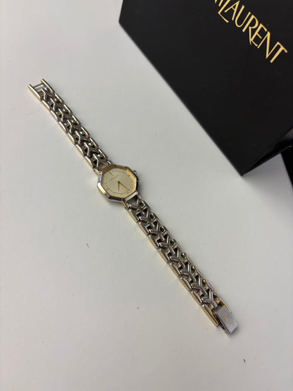 Vintage Yves Saint Laurent Octagonal Bracelet Watch Silver Gold Cream