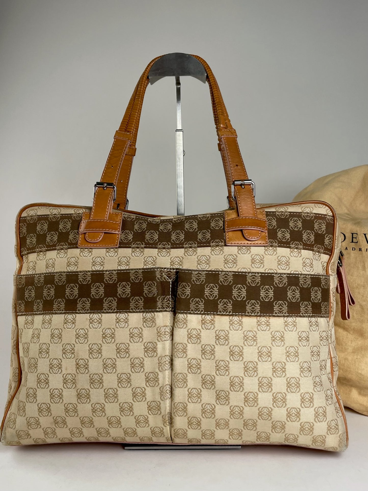 Vintage Loewe Madrid Monogram Weekender Handbag Beige Brown