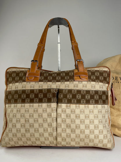 Vintage Loewe Madrid Monogram Weekender Handbag Beige Brown