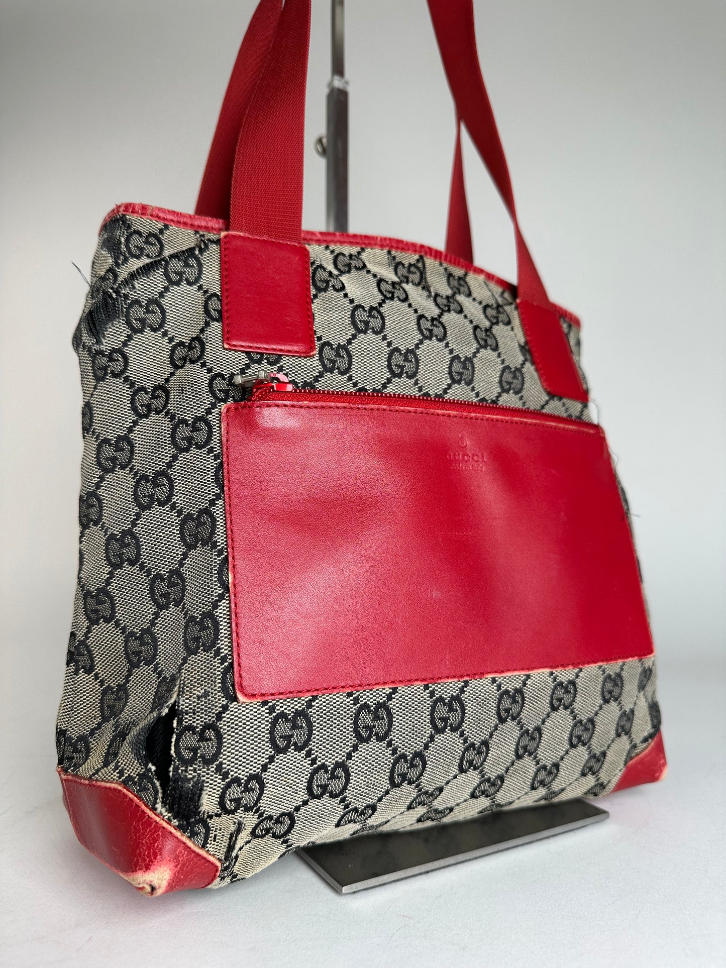 Vintage Gucci Monogram Leather Canvas Handbag Grey Black Red