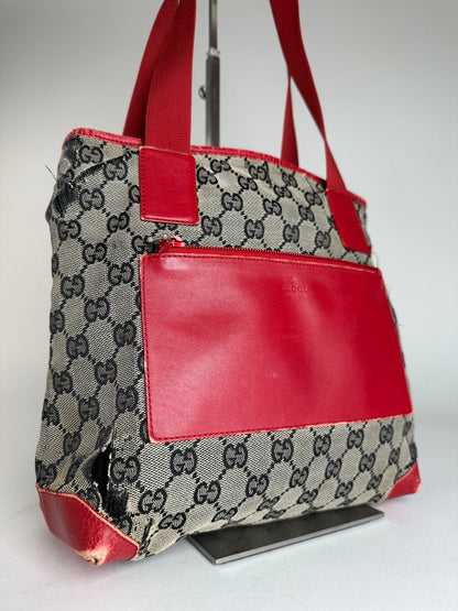 Vintage Gucci Monogram Leather Canvas Handbag Grey Black Red