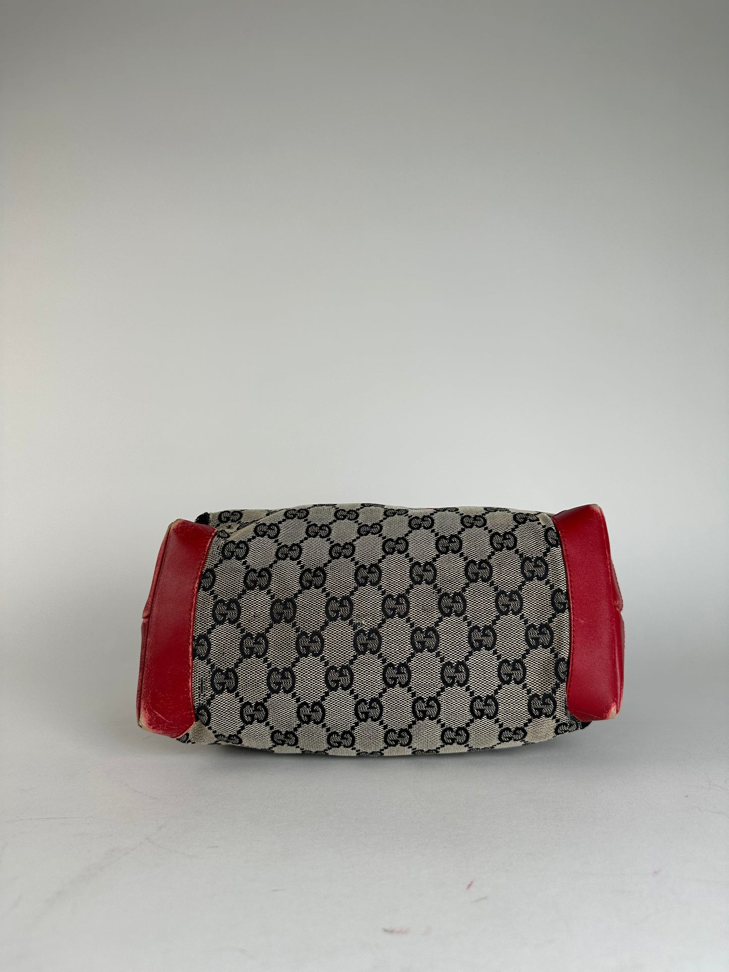Vintage Gucci Monogram Leather Canvas Handbag Grey Black Red