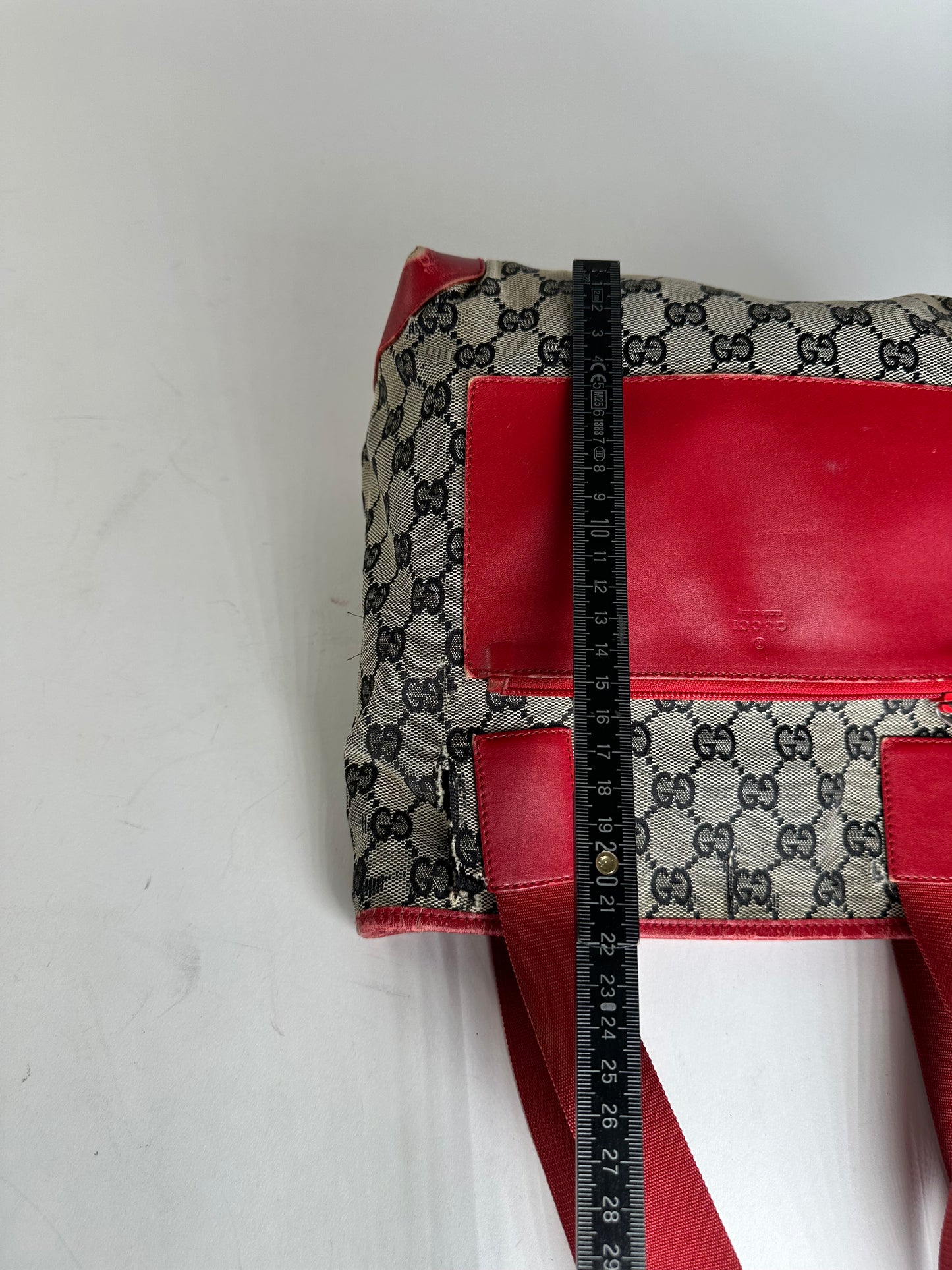 Vintage Gucci Monogram Leather Canvas Handbag Grey Black Red