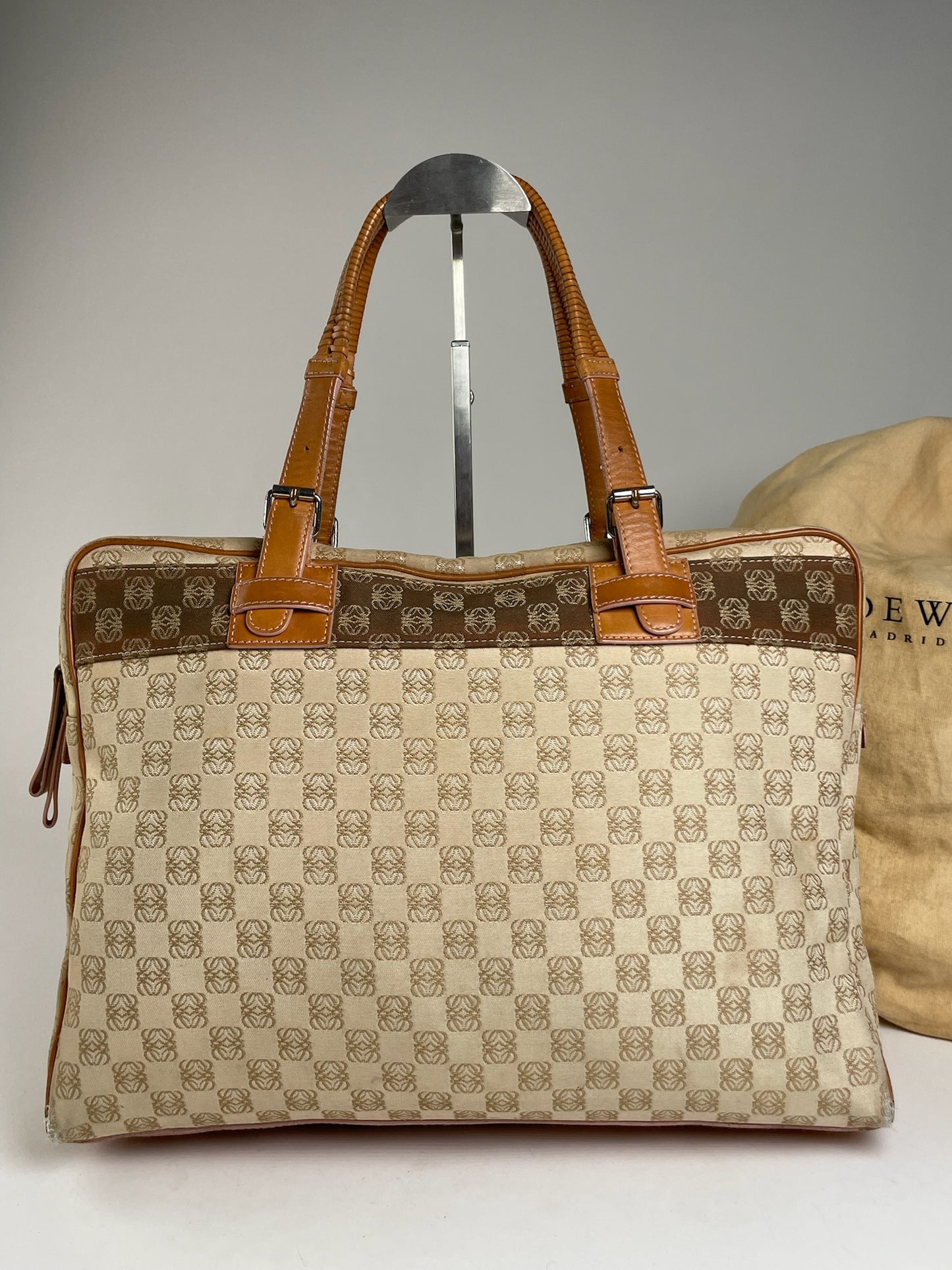 Vintage Loewe Madrid Monogram Weekender Handbag Beige Brown