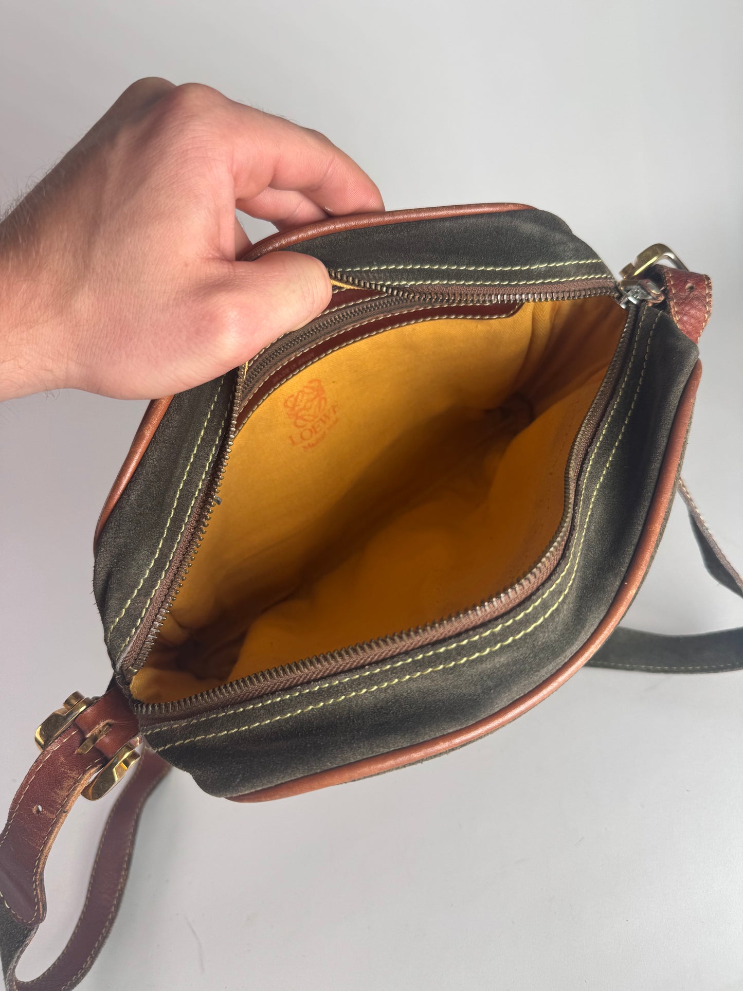 Vintage Loewe Madrid Suede Leather Bag Green Brown