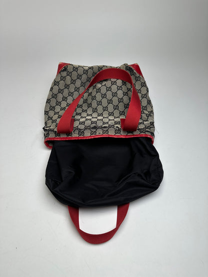 Vintage Gucci Monogram Leather Canvas Handbag Grey Black Red