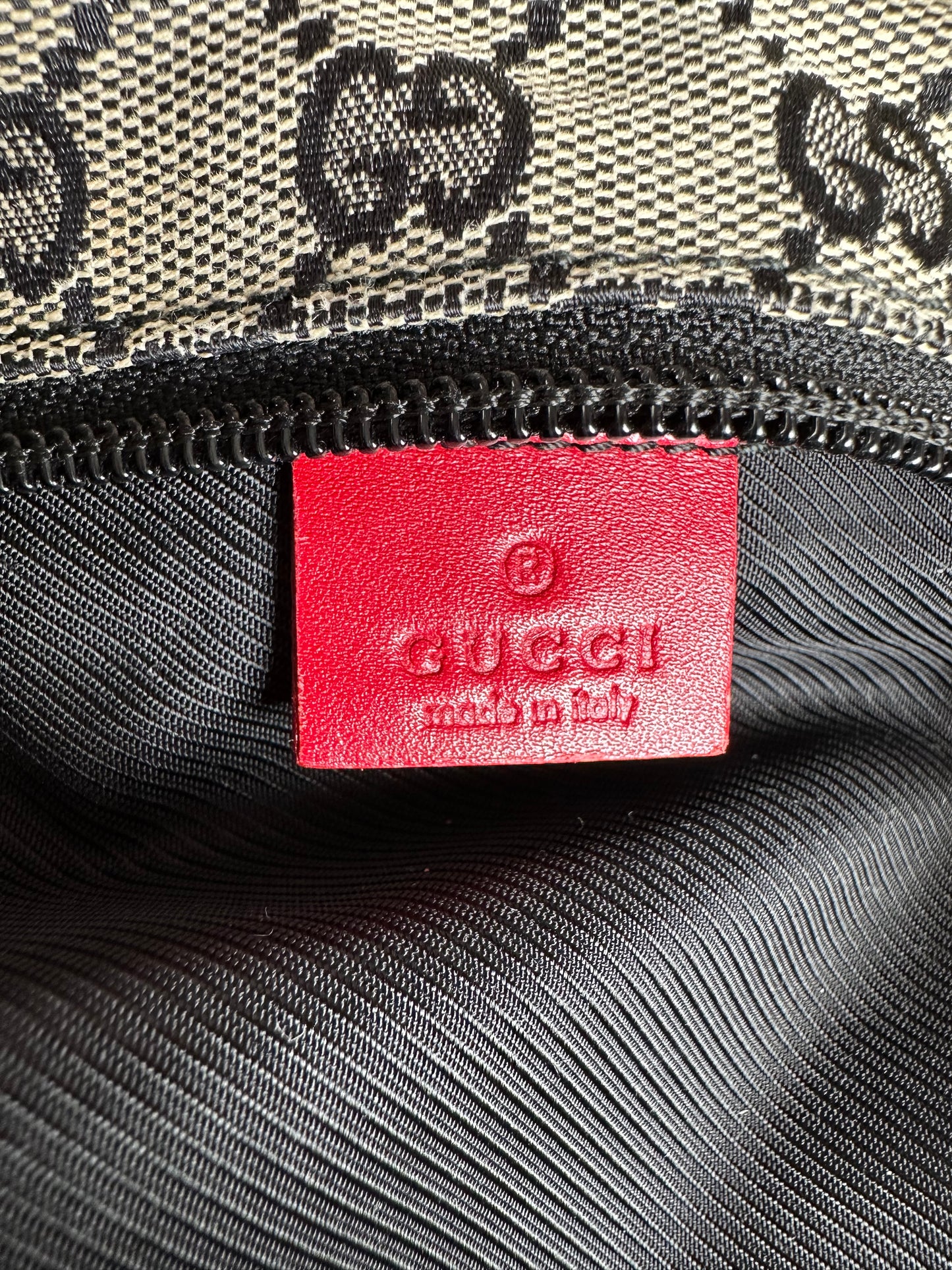 Vintage Gucci Monogram Leather Canvas Handbag Grey Black Red